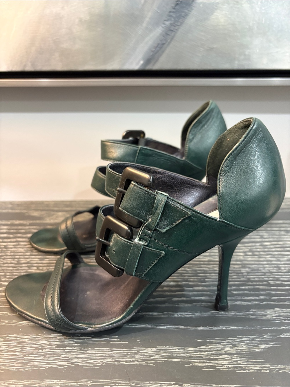 Edmundo Castillo Dark Green Leather High Heel Sandals with Buckle Straps